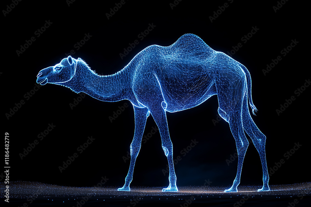 Glowing wireframe a majestic camel standing in the desert on a transparent background, highlighted by a combination of blue and black data points
Glowing wireframe a majestic camel standing in the desert on a transparent background, highlighted by a combination of blue and black data points