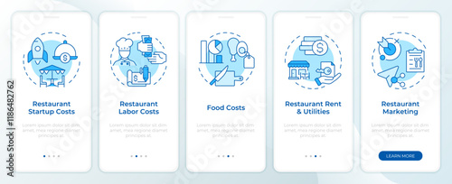 Restaurant operational costs blue onboarding mobile app screen. Walkthrough 5 steps editable graphic instructions with linear concepts. UI, UX, GUI template. Montserrat SemiBold, Regular fonts used