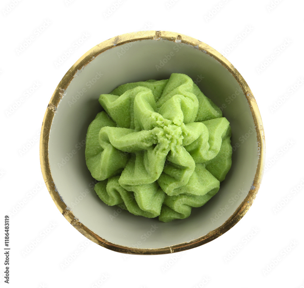 Hot wasabi paste in bowl isolated on white, top view Hot wasabi paste in bowl isolated on white, top view