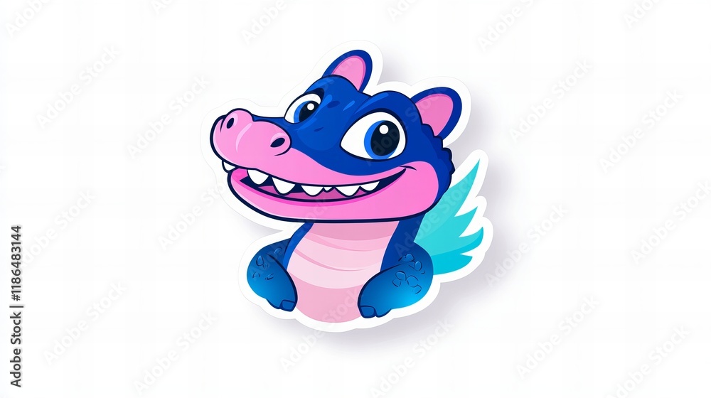 Fototapeta premium Adorable cartoon baby dragon with wings, blue and pink, happy expression.