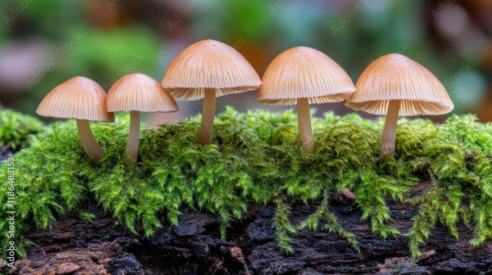 Five small, light brown mushrooms growing in a row on moss-covered wood. Five small, light brown mushrooms growing in a row on moss-covered wood.
