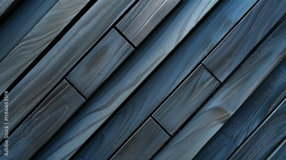 Obraz premium A modern wooden wall featuring an array of diagonal planks in cool gray tones, creating a stylish and contemporary atmosphere.