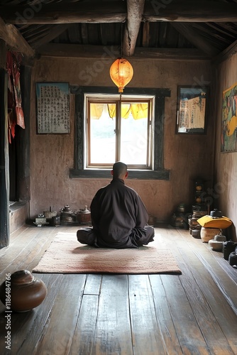 Minimalist monk lifestyle shown through simple living quarters and meditative activities, Ascetic, Sacred Simplicity