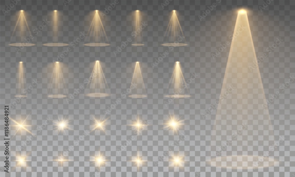 Yellow light effects. Beam from a spotlight and a star. Gold Shine, glow, white. Glowing abstract isolated light effects lens. Lens flash, explosion, spark.