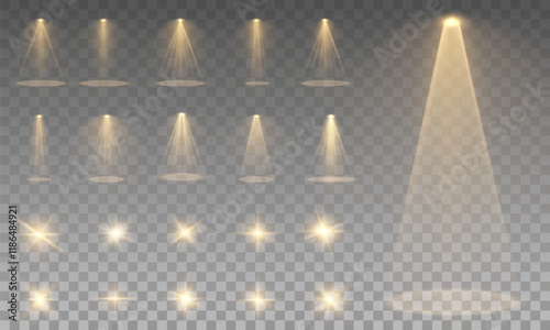 Yellow light effects. Beam from a spotlight and a star. Gold Shine, glow, white. Glowing abstract isolated light effects lens. Lens flash, explosion, spark.	
