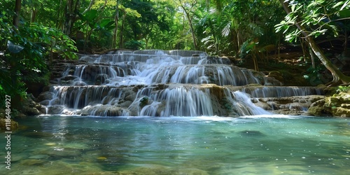 A serene waterfall cascading into a clear pool, surrounded by lush greenery in a tranquil environment.