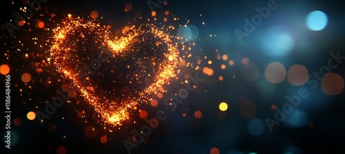 Whimsical Burning Romantic Warm Firey Orange Yellow Heart with Particles Bokeh Effect Copy Spa photo