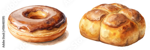 Delicious baked goods, watercolor illustration, chocolate donut, fresh bread rolls, sweet treats, food art.