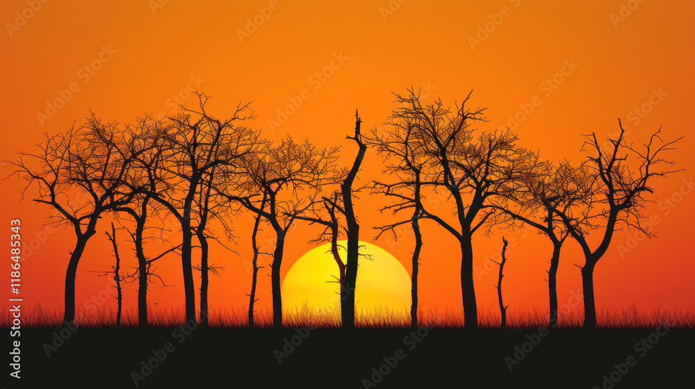 A silhouette of bare trees against a vibrant solstice sunset sky A silhouette of bare trees against a vibrant solstice sunset sky