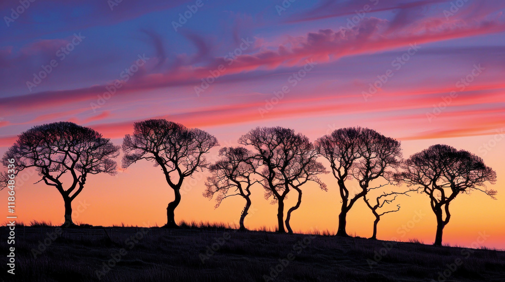 A silhouette of bare trees against a vibrant solstice sunset sky A silhouette of bare trees against a vibrant solstice sunset sky