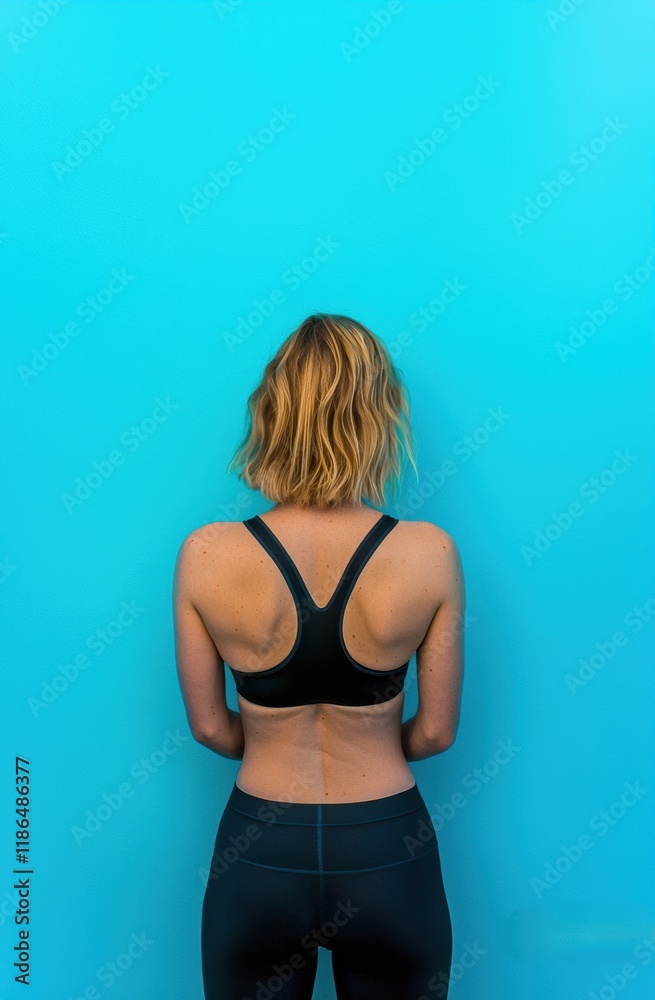 Naklejka premium Young Woman with Blonde Hair in Sport Bra Against Blue Background