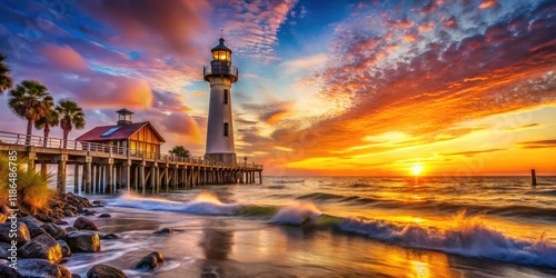 Georgia coast sunrise: St. Simons Island Lighthouse pier bathed in golden light, a breathtaking ocean view.