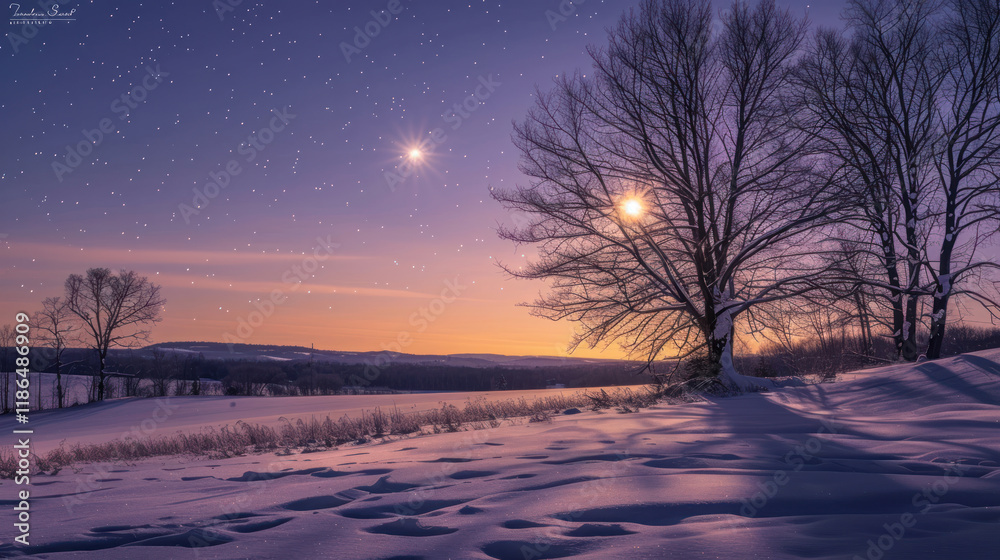 A star-filled winter solstice night over a peaceful snow-draped landscape A star-filled winter solstice night over a peaceful snow-draped landscape