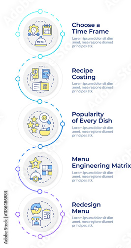Steps of menu engineering infographic vertical sequence. Restaurant business management. Visualization infochart with 5 steps. Circles workflow. Montserrat SemiBold, Lato Regular fonts used