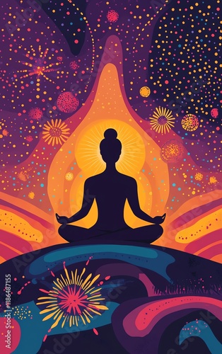 Inner peace achieved through reflective meditation and spiritual devotion, flat design illustration
