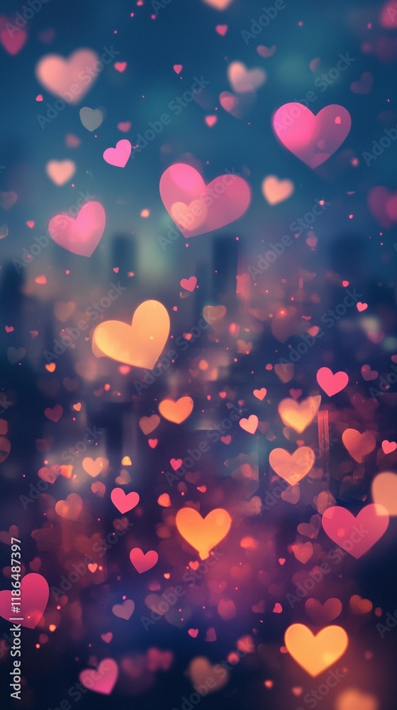 Romantic blurred heart-shaped bokeh lights background for love-themed designs. Romantic blurred heart-shaped bokeh lights background for love-themed designs.