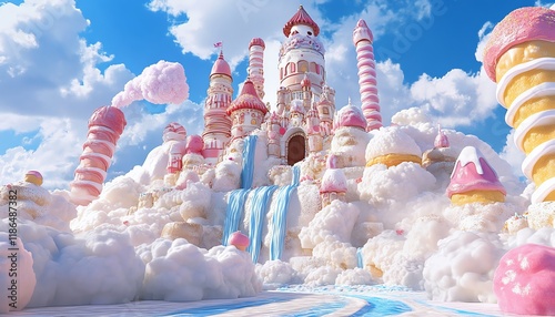 Whimsical candy castle on fluffy clouds, featuring ice cream towers and a cascading waterfall.  Perfect for fairytale, fantasy, and sweet treat themes.