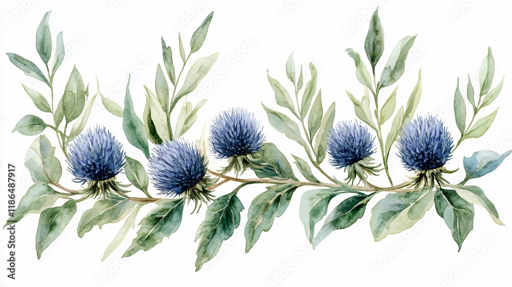 Watercolor Blue Thistle Floral Branch Border