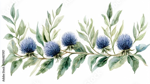 Obraz na płótnie Watercolor Blue Thistle Floral Branch Border w salonie