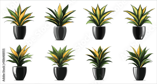 Set of tropical houseplant silhouettes, Abstract indoor plant silhouettes icons, Sansevieria plant in vase black silhouettes vector, Stylized sansevieria houseplant silhouette vector art