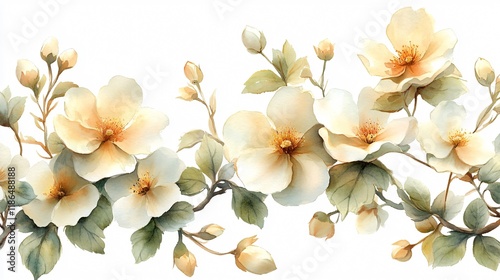 Watercolor Creamy White Flowers, Floral Border