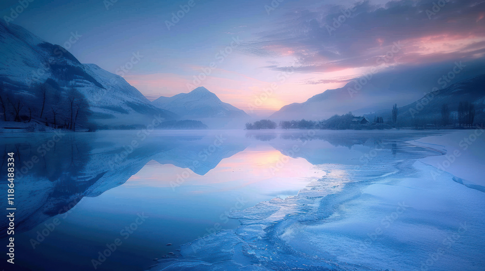 Fototapeta premium A tranquil frozen lake reflecting the pale winter solstice sky under soft twilight hues