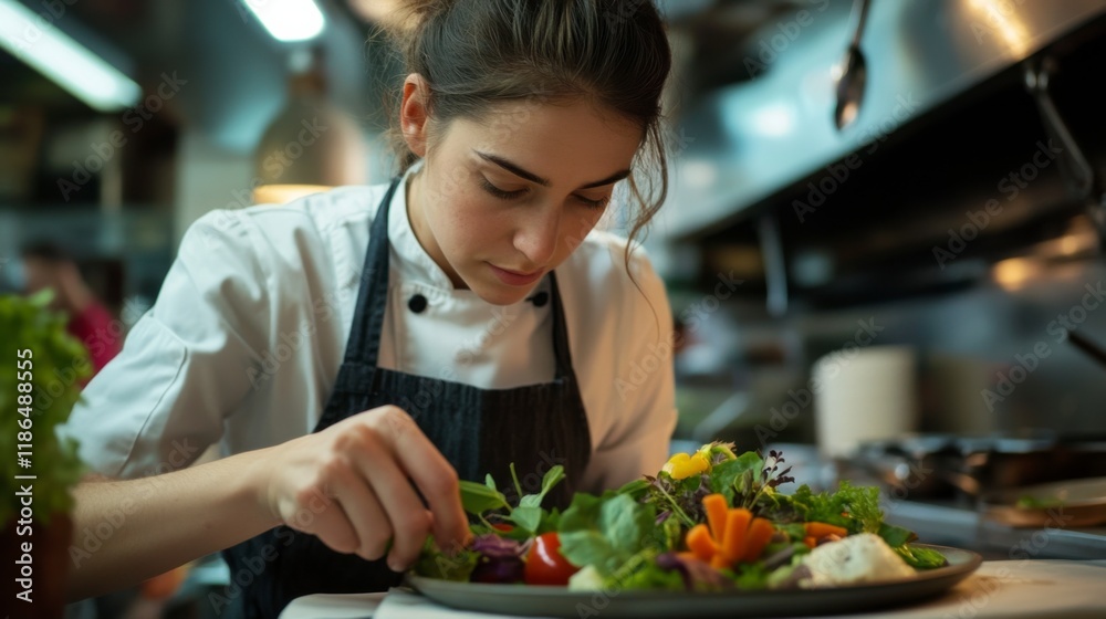 Chef's Precision: A focused female chef meticulously crafts a visually appealing salad, her hands demonstrating finesse and artistry in the heart of a professional kitchen. Chef's Precision: A focused female chef meticulously crafts a visually appealing salad, her hands demonstrating finesse and artistry in the heart of a professional kitchen.