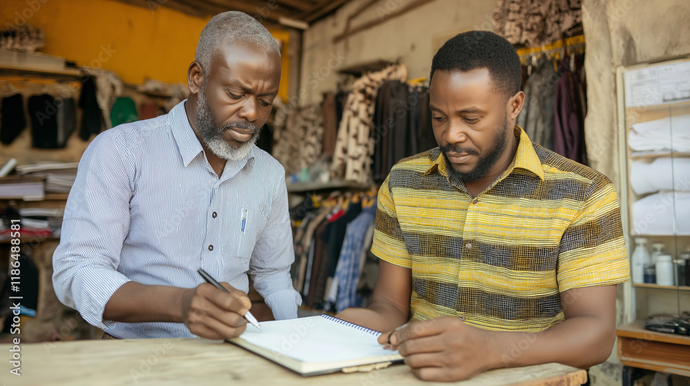 Experienced tailor measuring client, noting alterations in handwritten notebook at traditional African tailoring workspace Experienced tailor measuring client, noting alterations in handwritten notebook at traditional African tailoring workspace
