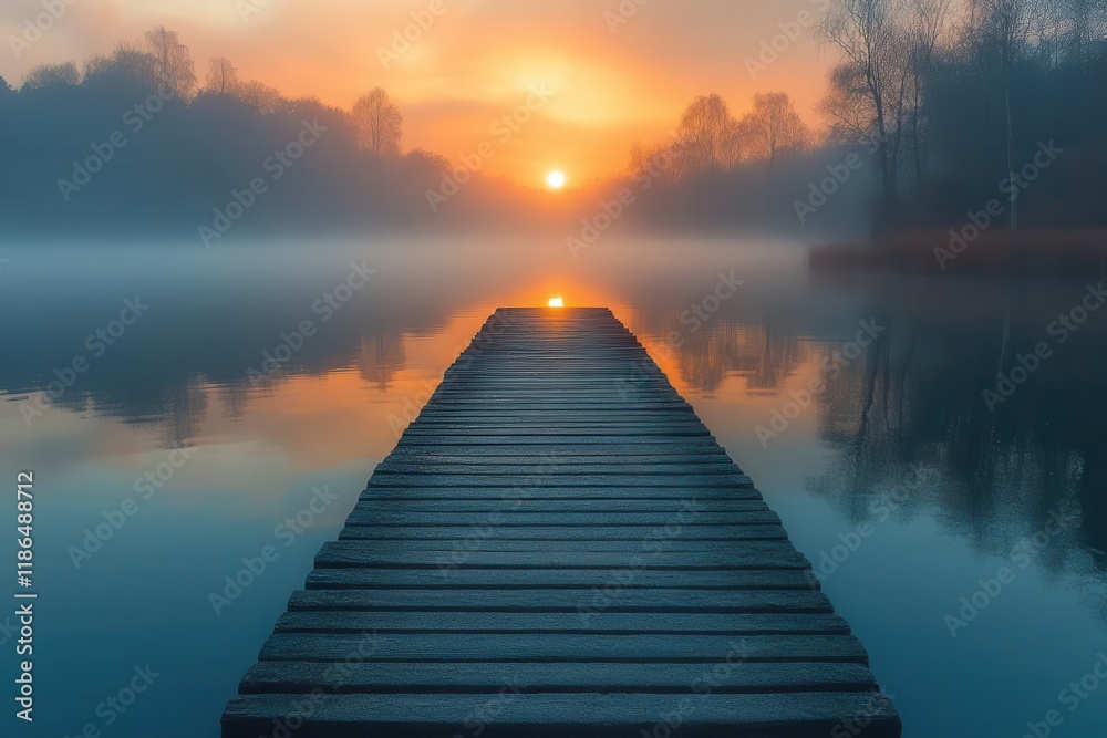 Fototapeta premium minimalist wooden lake pier extending into mirror-like water surface with mystical morning fog and pastel sunrise colors