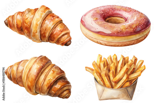 Delicious baked goods, crispy croissants, sweet donut, golden fries, watercolor style, food illustration, culinary art.