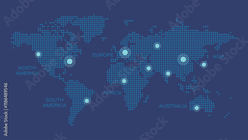 Vector World Map with pointers. North, South America, Europe, Asia, Africa, Australia. Illustration for infographics, web page, global business, communication, travel, destinations