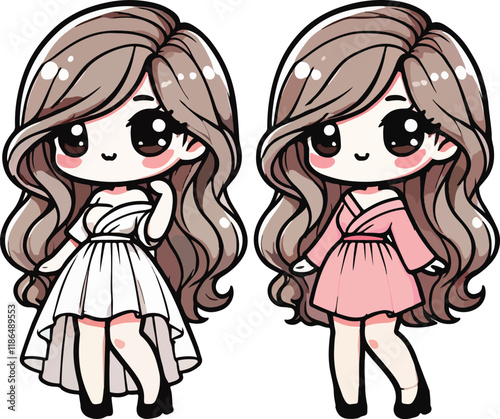 A cute kawaii-style girl with long flowing hair, wearing a long dress. Cartoon comic vector illustration