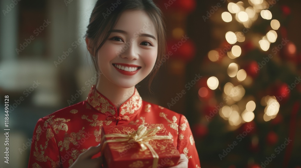 Joyful Festive Gift Giving: A radiant woman in a vibrant red traditional Chinese dress smiles warmly as she presents a beautifully wrapped red gift, with a festive backdrop of twinkling lights. Joyful Festive Gift Giving: A radiant woman in a vibrant red traditional Chinese dress smiles warmly as she presents a beautifully wrapped red gift, with a festive backdrop of twinkling lights.