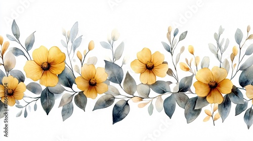 Watercolor Floral Border, Yellow Flowers, Grey Leaves