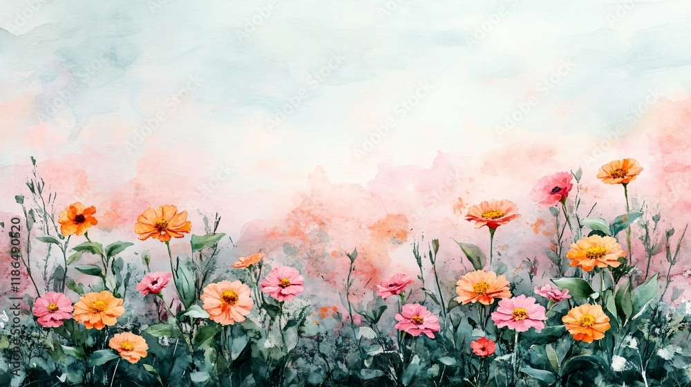 Fototapeta premium Watercolor Floral Garden, Peach & Pink Flowers