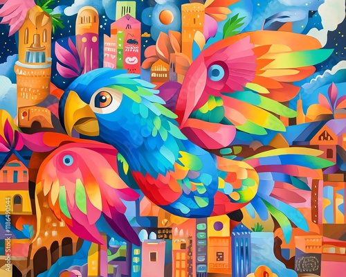 Vibrant illustration of a colorful parrot soaring over a whimsical cityscape. Bold colors and stylized architecture create a fantastical scene. photo