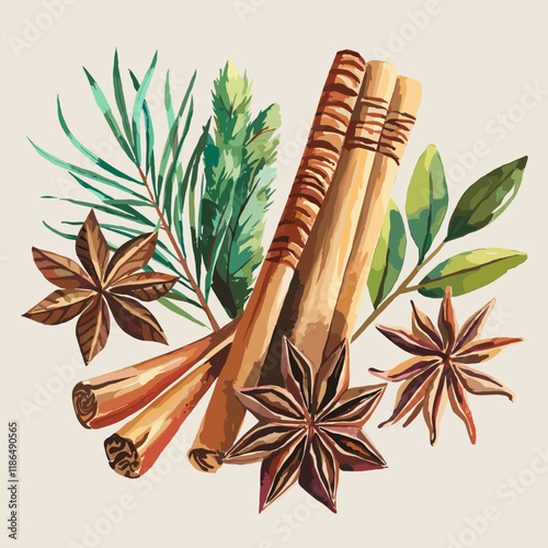 Watercolor Illustration of Aromatic Herbs and Spices