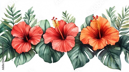 Watercolor Hibiscus & Tropical Leaves Border