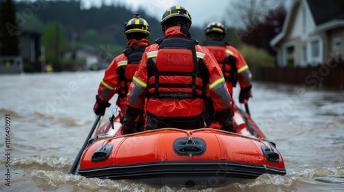 Swiftwater rescue team members navigate a flooded river in a specialized boat, rescuing people trapped in their homes.  photo