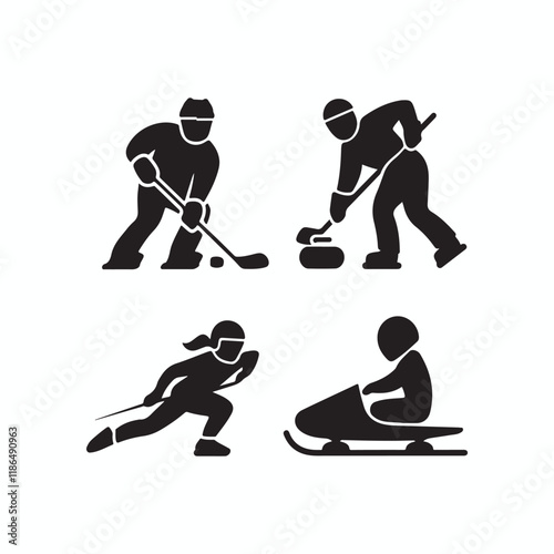  Winter sports icons featuring ice hockey, curling, speed skating, and bobsledding.