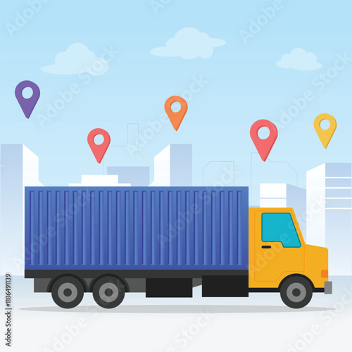 Delivery service truck container with city background	