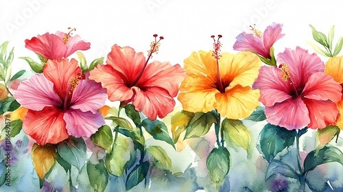 Watercolor Hibiscus Flowers Border, Floral Design