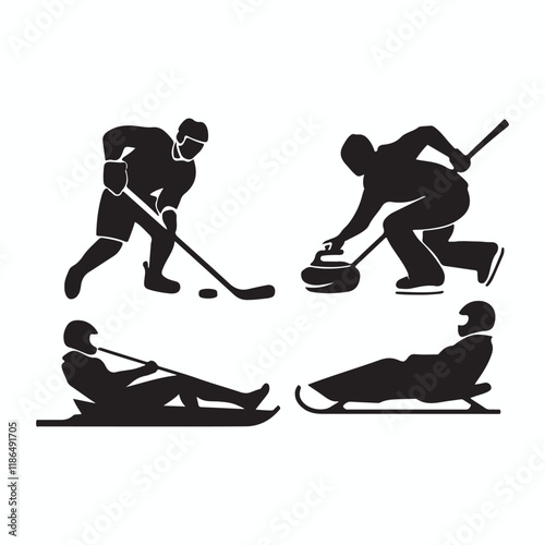  Winter sports icons featuring ice hockey, curling, speed skating, and bobsledding.