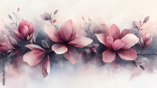 Watercolor Magnolia Flowers, Blush Pink Floral Border