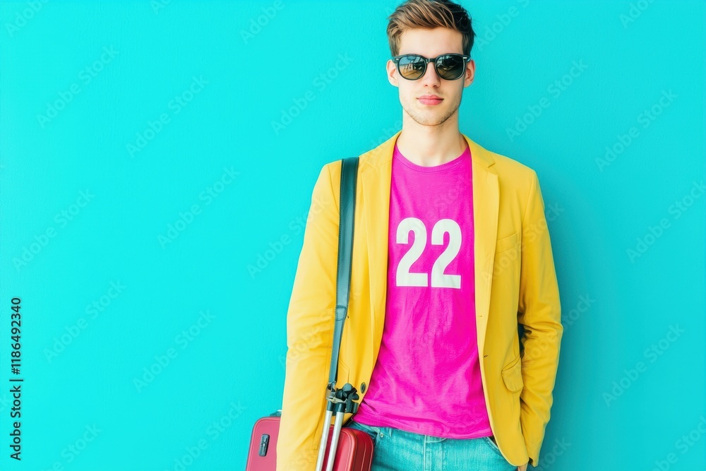 Young Man Wearing Bright Colors with Suitcase Against Blue Background Young Man Wearing Bright Colors with Suitcase Against Blue Background