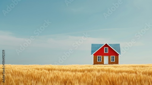 A straw bale house constructed using sustainable and environmentally friendly materials, situated amidst a field of golden wheat.  photo