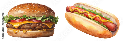 Delicious burger and hot dog, vibrant colors, food illustration, fast food style, appetizing design.