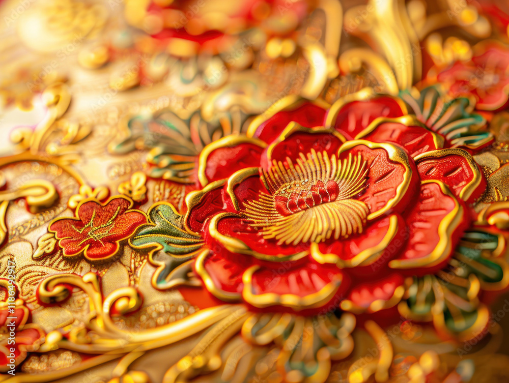 Chinese New Year 2025, detailed close-up of traditional Chinese decorations, intricate patterns, rich textures, warm golden lighting Chinese New Year 2025, detailed close-up of traditional Chinese decorations, intricate patterns, rich textures, warm golden lighting
