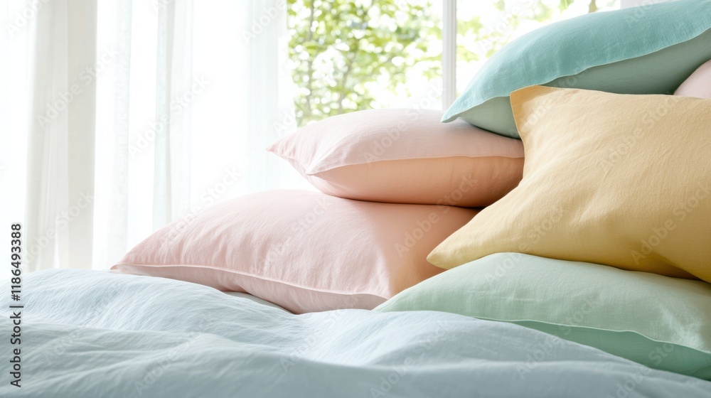 Soft pastel pillows pile up, basking in gentle sunlight, creating a cozy, tranquil atmosphere in a serene bedroom setting. Soft pastel pillows pile up, basking in gentle sunlight, creating a cozy, tranquil atmosphere in a serene bedroom setting.
