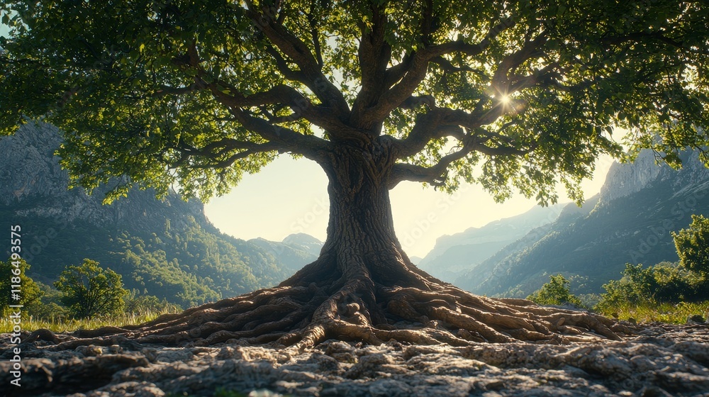 Obraz premium Majestic Tree with Intertwined Roots in a Scenic Nature Landscape